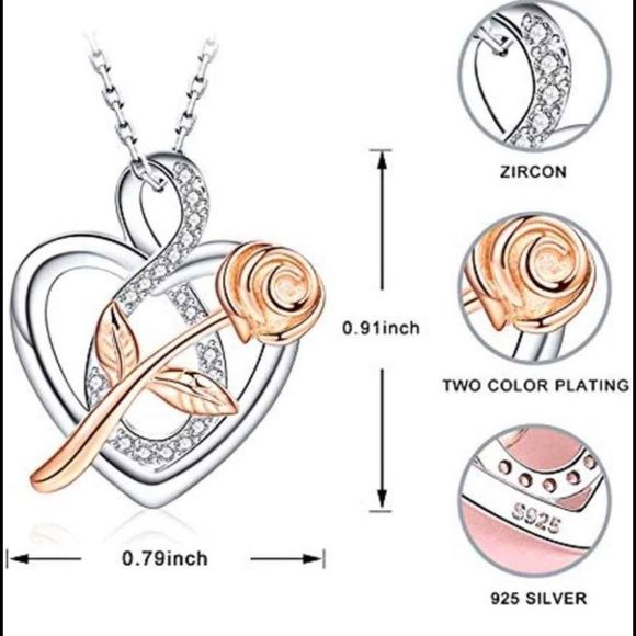 Rose Flower Heart Necklace - 925 Sterling Silver & Cubic Zirconia - Picture 6 of 6